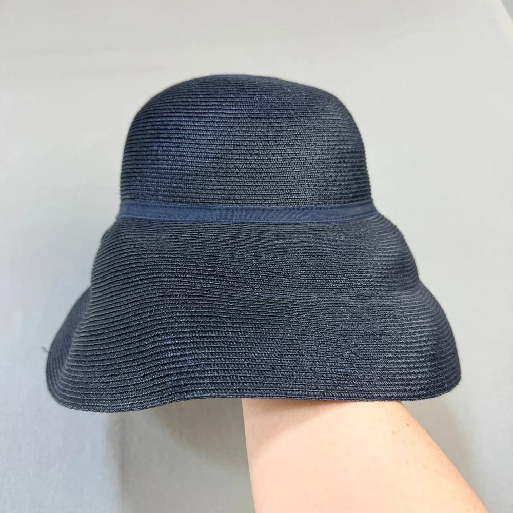 Eric Javits New York Black Woven Packable Sun Hat Wide Brim Navy Bow Accent - Picture 2 of 7